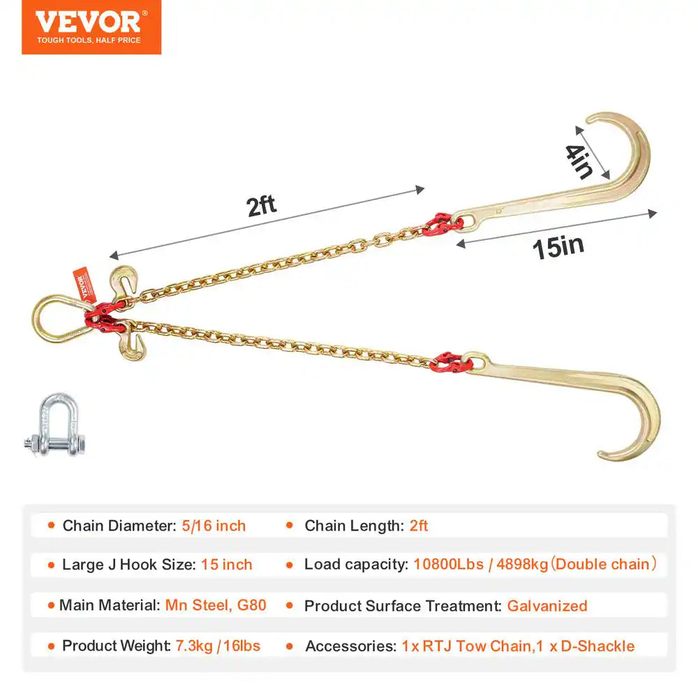 5/16 In. X 2 Ft. G80 Tow Chain J Hook V-Chain Bridle Grab Hook Wrecker 10800 Lbs.