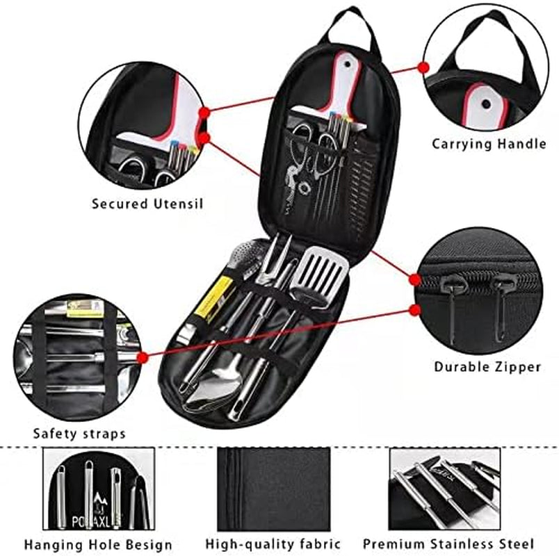 15Pcs Camping Cookware Set, Camp Kitchen Equipment Portable Camping Utensils Set Stainless Steel Camping Accessories Compact Gear for BBQ Camping Hiking Travel Water Resistant Organizer Bag