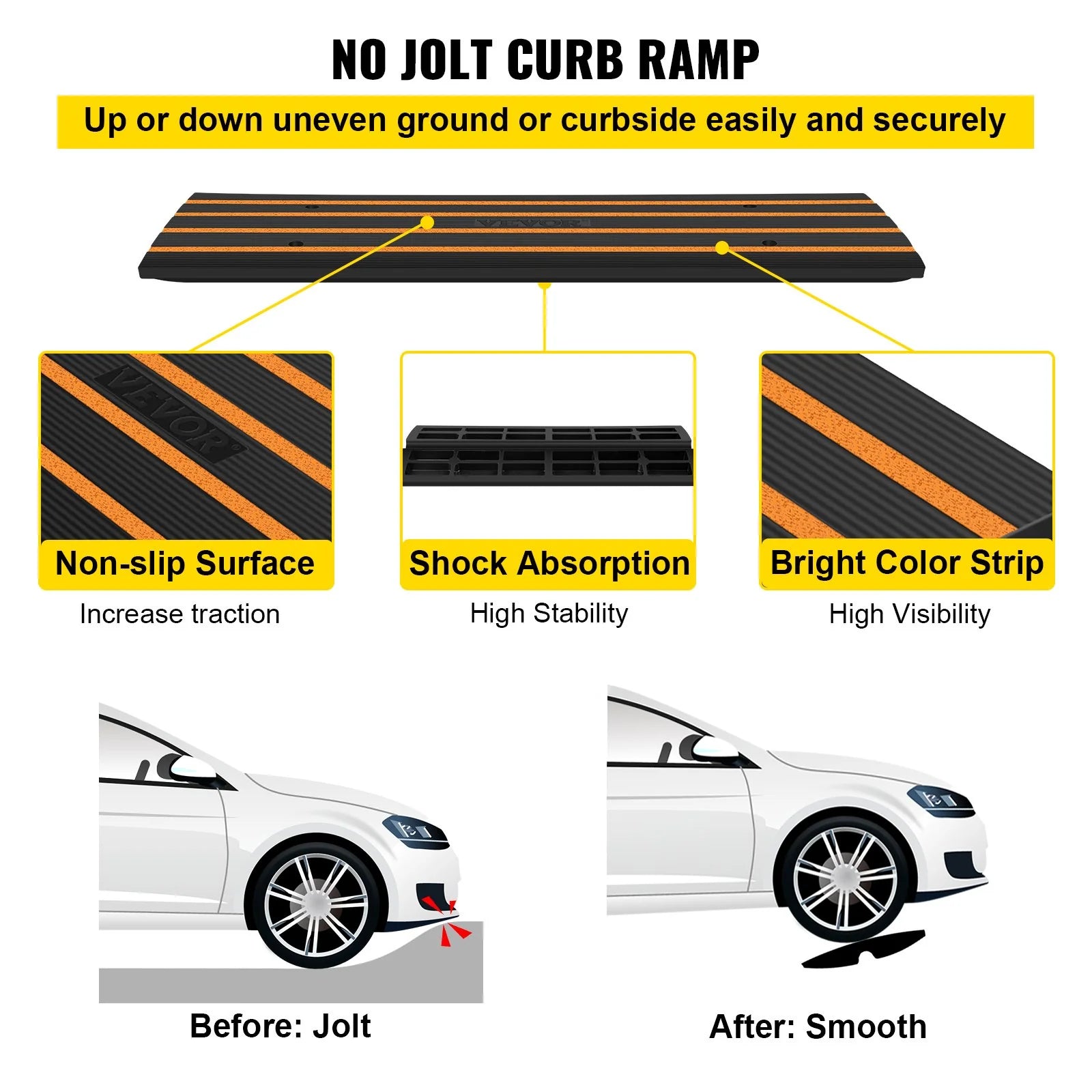 VEVOR Rubber Curb Ramp for Driveway 1 Pack, 15T Heavy Duty Sidewalk Curb Ramp, 2.6 Rise Height Cable Cover Curbside Bridge Ramp for Garage for Low Cars, Wheelchairs