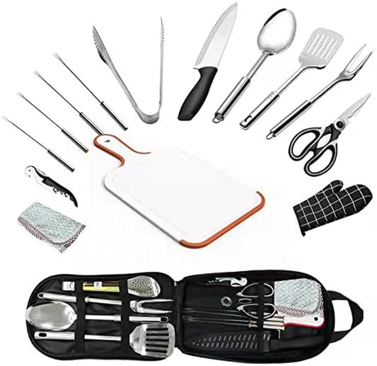 15Pcs Camping Cookware Set, Camp Kitchen Equipment Portable Camping Utensils Set Stainless Steel Camping Accessories Compact Gear for BBQ Camping Hiking Travel Water Resistant Organizer Bag
