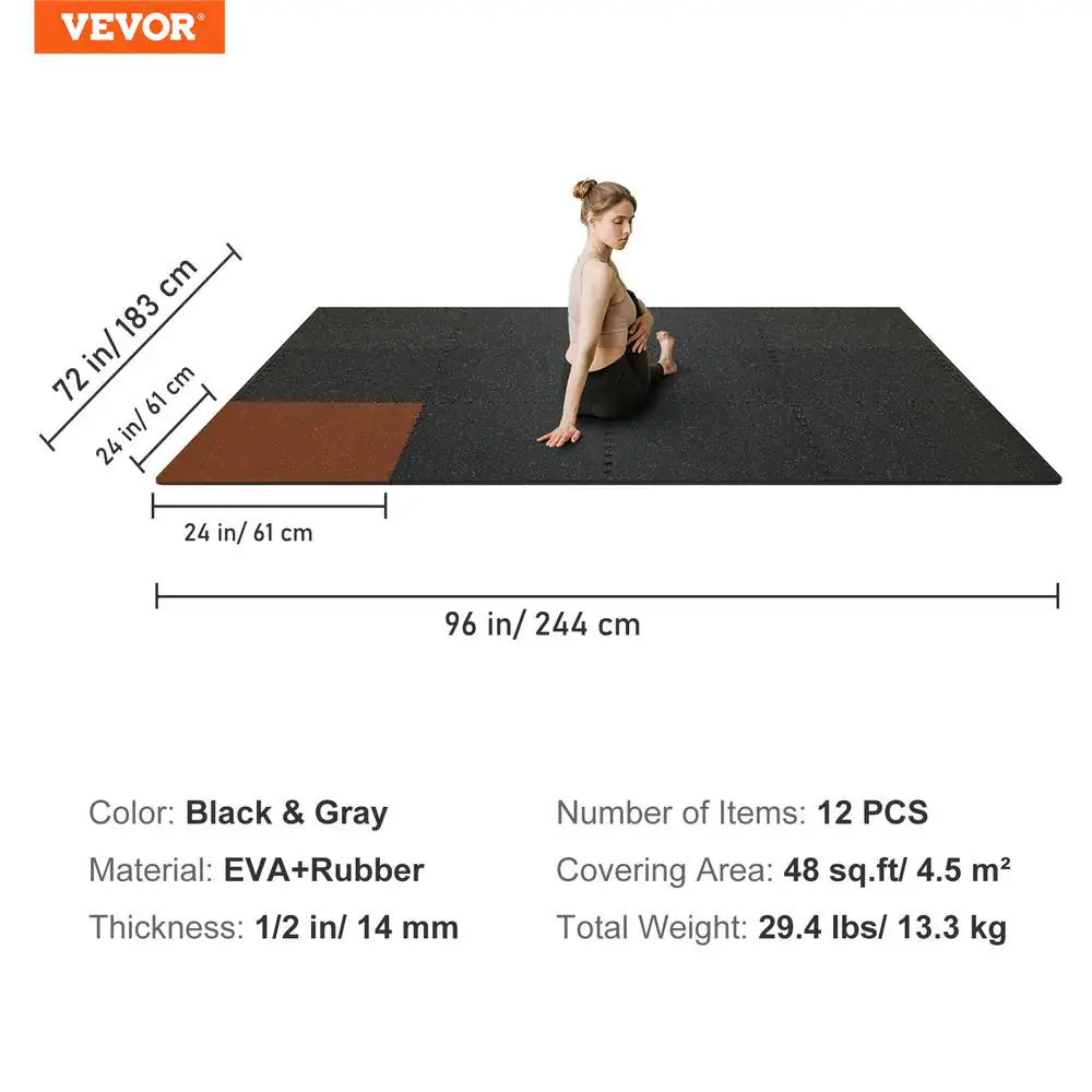 Interlocking Floor Mat 24 In. W X 24 In. L X 0.5 In. T EVA Foam Rubber Gym Flooring Mat (48 Sq.Ft. Black and Gray) 12Pcs