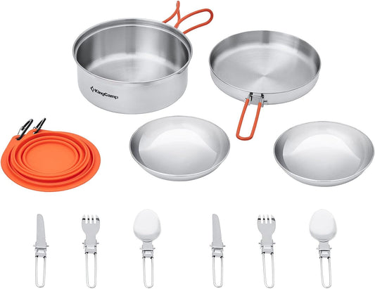 Stainless Steel Camping Cookware Set Open Fire Cookware Backpacking Cooking Mess Kit Lightweight Camping Pots and Pans with Plates and Bowls Kit Hiking Cooking Gear 17/25PCS for 2-3 Person