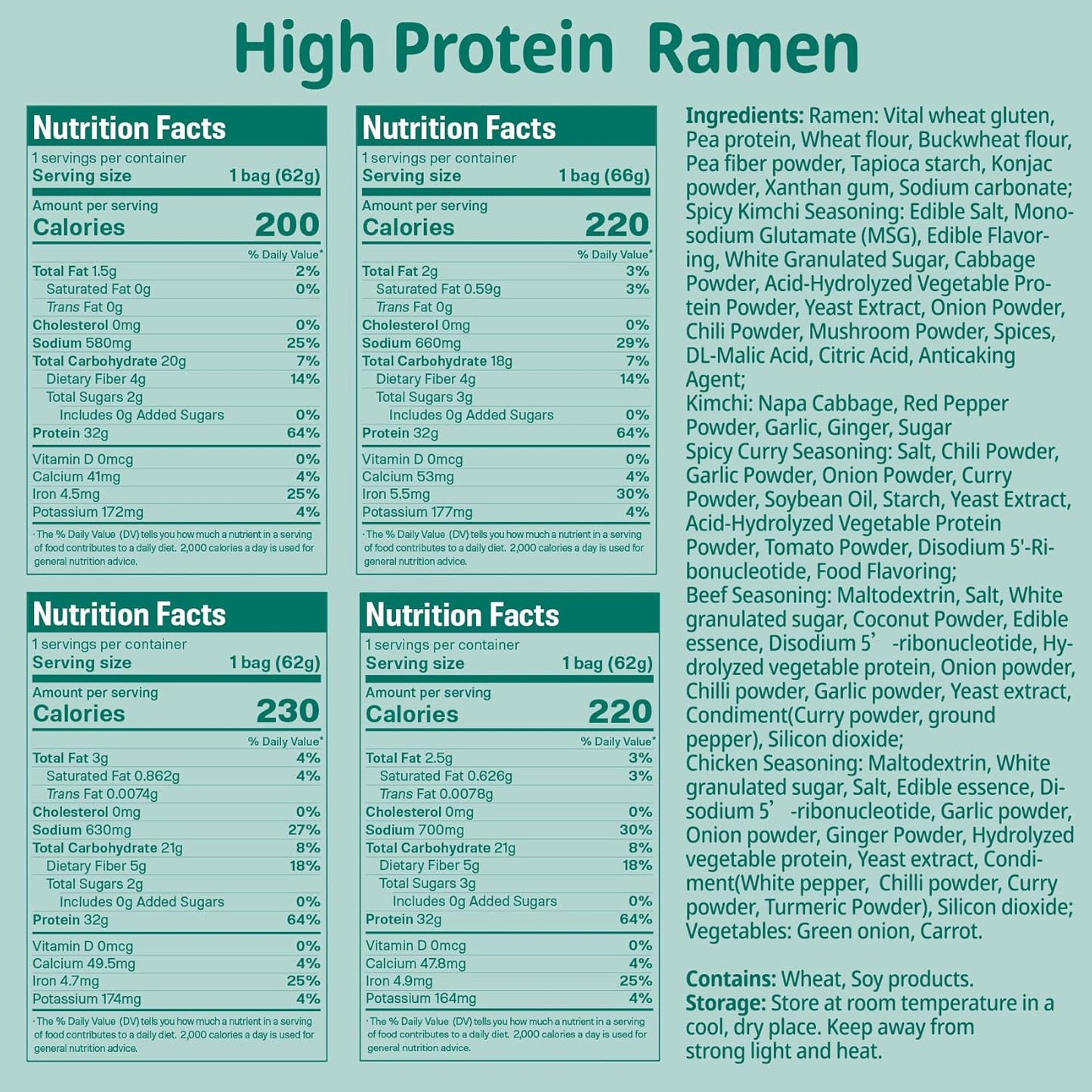 Protein (32G) Ramen Variety Pack - Chicken, Spicy “Beef, Kimchi, Curry”, 8 Packs Instant High Protein Ramen Noodles Soup, Plant-Based, Non-Fried, Vegan, Low Fat, Egg & Dairy Free Healthy Meal