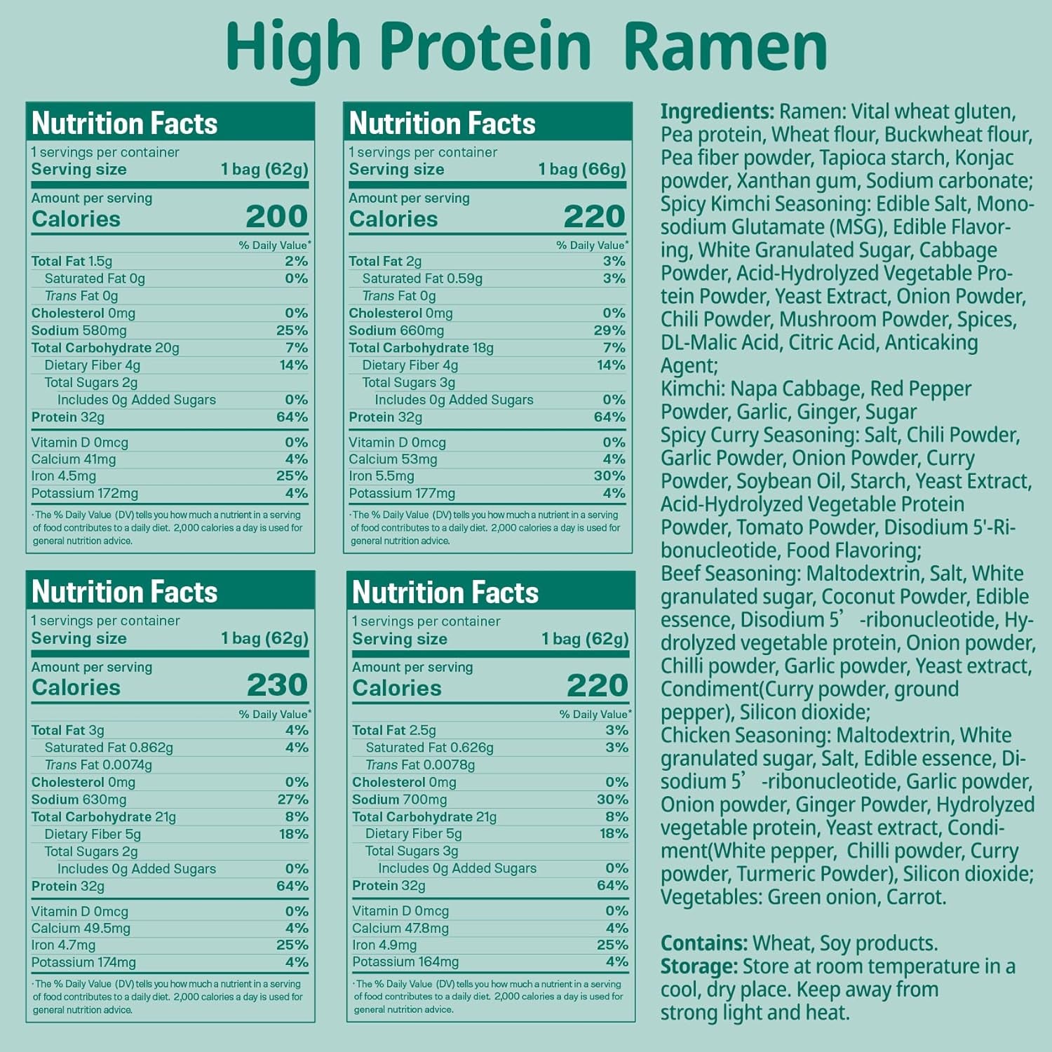 Protein (32G) Ramen Variety Pack - Chicken, Spicy “Beef, Kimchi, Curry”, 8 Packs Instant High Protein Ramen Noodles Soup, Plant-Based, Non-Fried, Vegan, Low Fat, Egg & Dairy Free Healthy Meal
