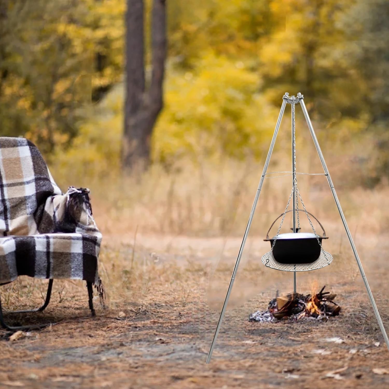 Camp Fire Tripod for Cooking, Stainless Steel Camping Fire Grill with Adjustable