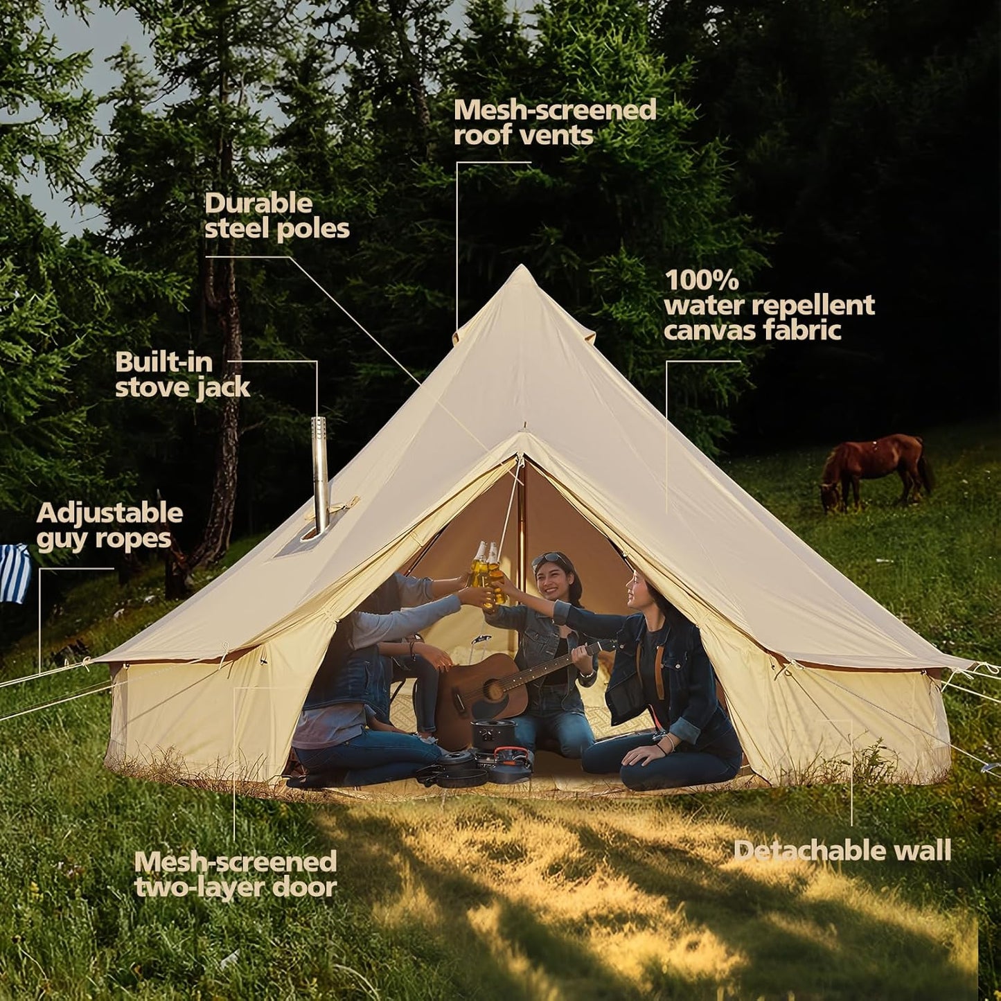 Canvas Bell Tent Luxury Yurt for Family Glamping, Waterproof Breathable Cotton, 4 Season with Removable Floor (Fire Water Repellent, 13.1Ft(4M))