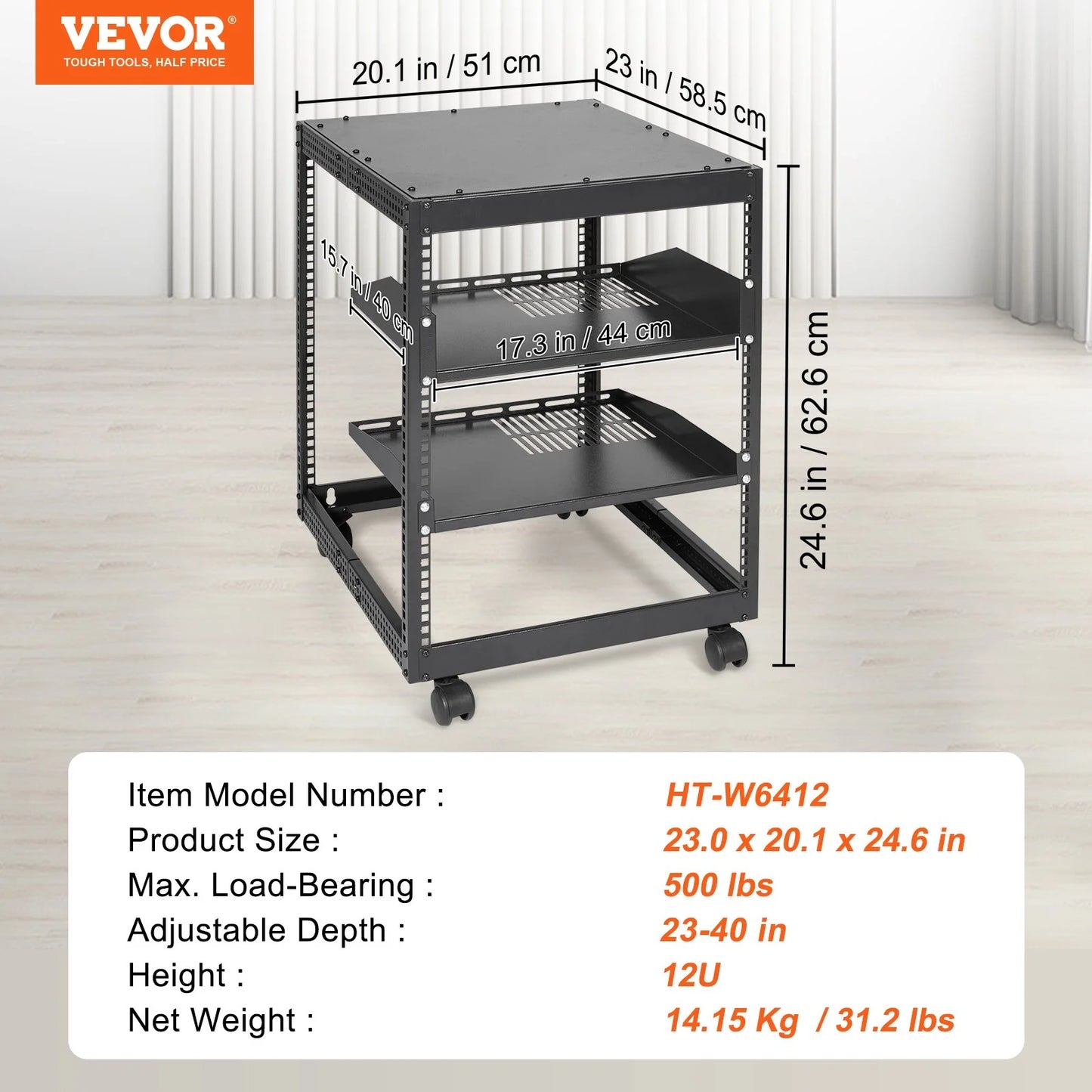 VEVOR 12U Open Frame Server Rack, 15''-40'' Adjustable Depth, Free Standing or Wall Mount Network Server Rack, 4 Post AV Rack with Casters, Holds All Your Networking IT Equipment AV Gear Router Modem