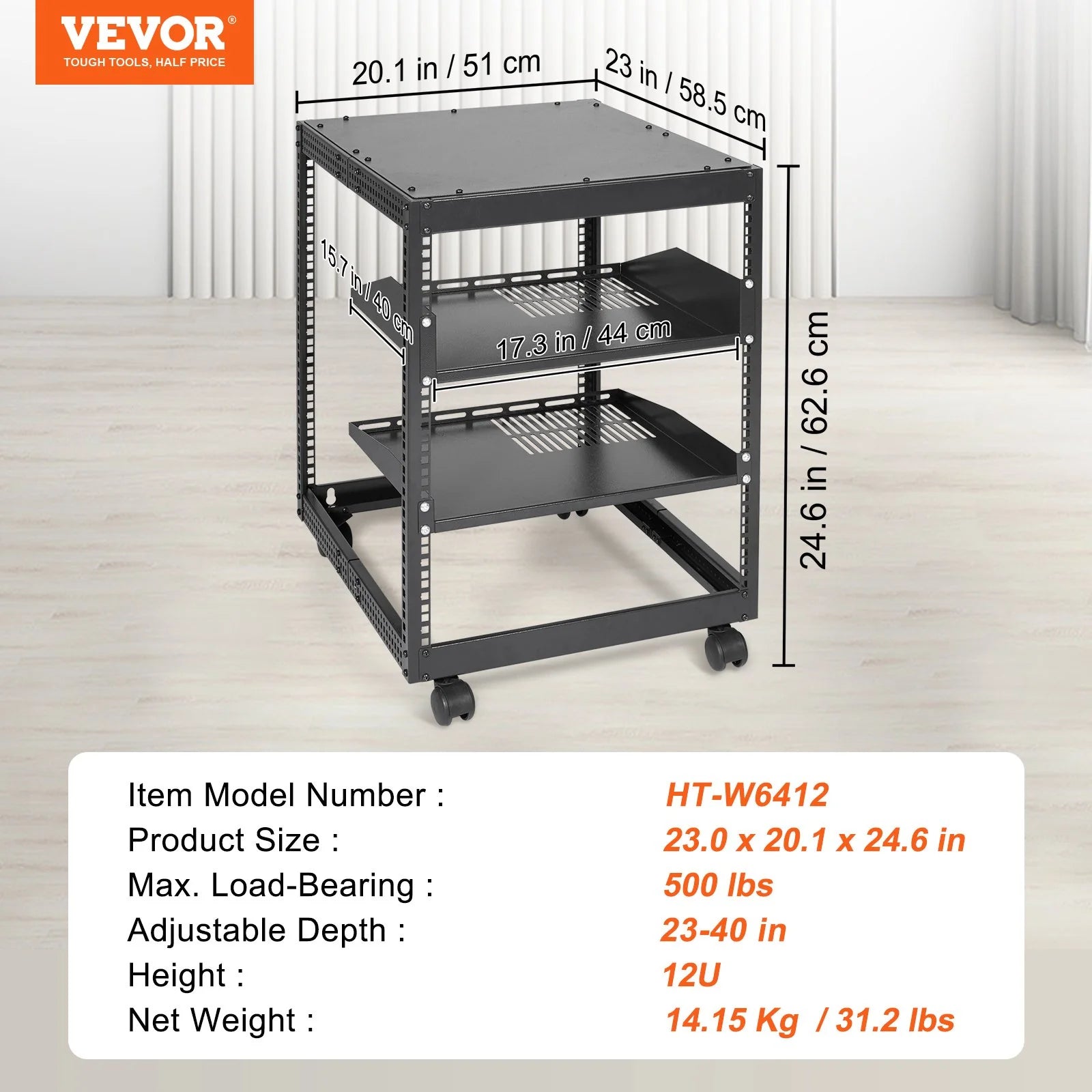 VEVOR 12U Open Frame Server Rack, 15''-40'' Adjustable Depth, Free Standing or Wall Mount Network Server Rack, 4 Post AV Rack with Casters, Holds All Your Networking IT Equipment AV Gear Router Modem