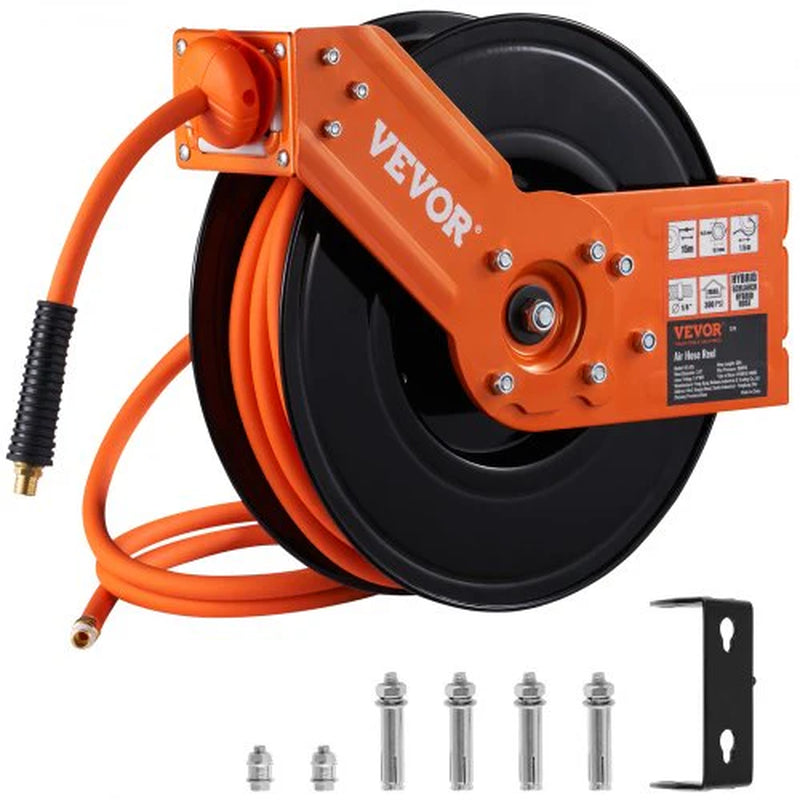 VEVOR Retractable Air Hose Reel, 3/8 in X 50 FT Hybrid Air Hose Max 300PSI, Air Compressor Hose Reel with 5 Ft Lead In, Ceiling / Wall Mount Heavy Duty Single Arm Steel Reel