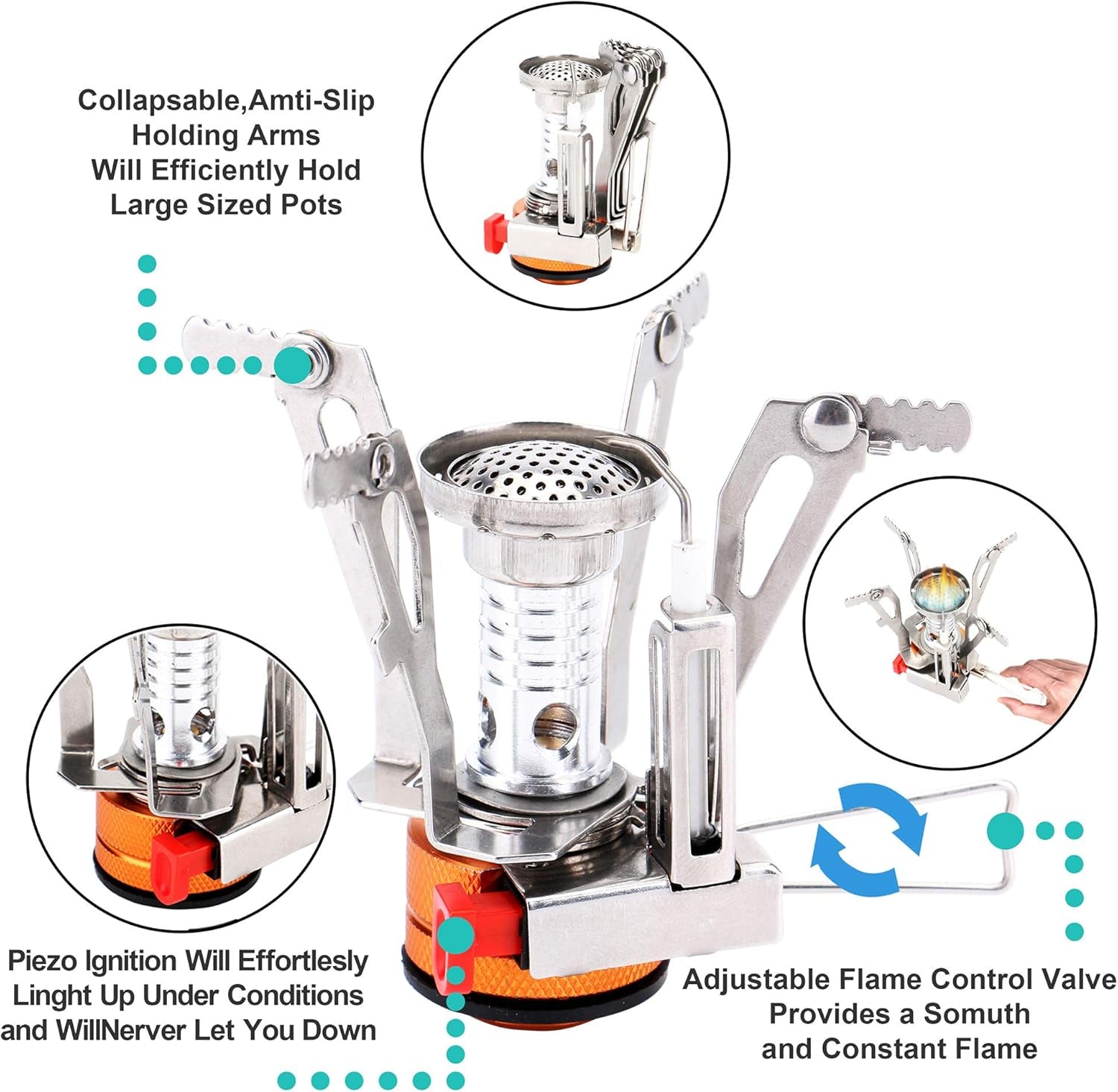 Ultralight Portable Camping Stoves Backpacking Stove with Piezo Ignition Adjustable Valve Stainless Steel Material for Backpacking, Hiking, Riding, Mountaineering, Camping -1 Pack