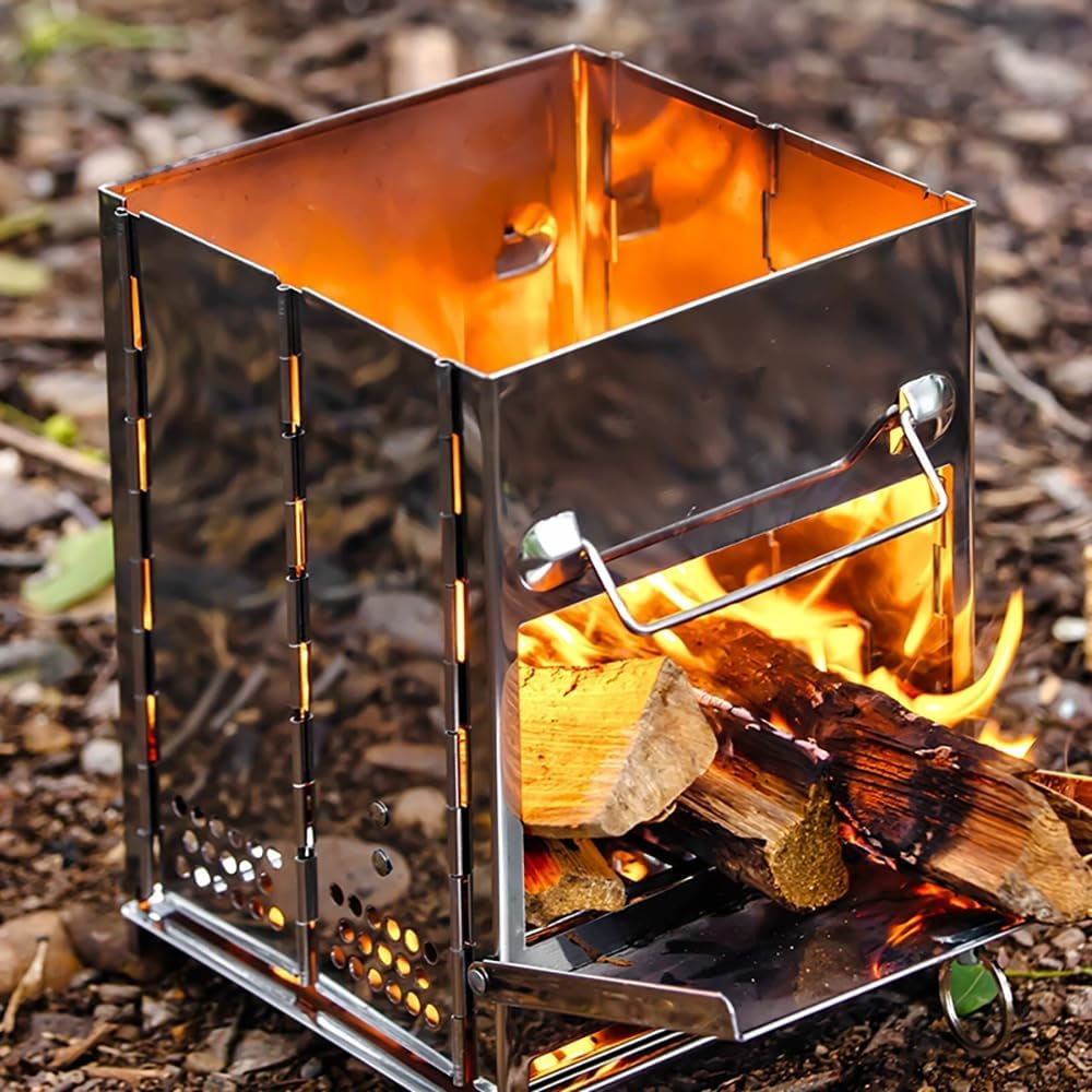 Wood Burning Folding Camp Stove Stainless Steel Grid, Portable Collapsible Backpacking Stove Survival Rocket Stove for Hiking Outdoor Tent Camping Picnic BBQ, Samll