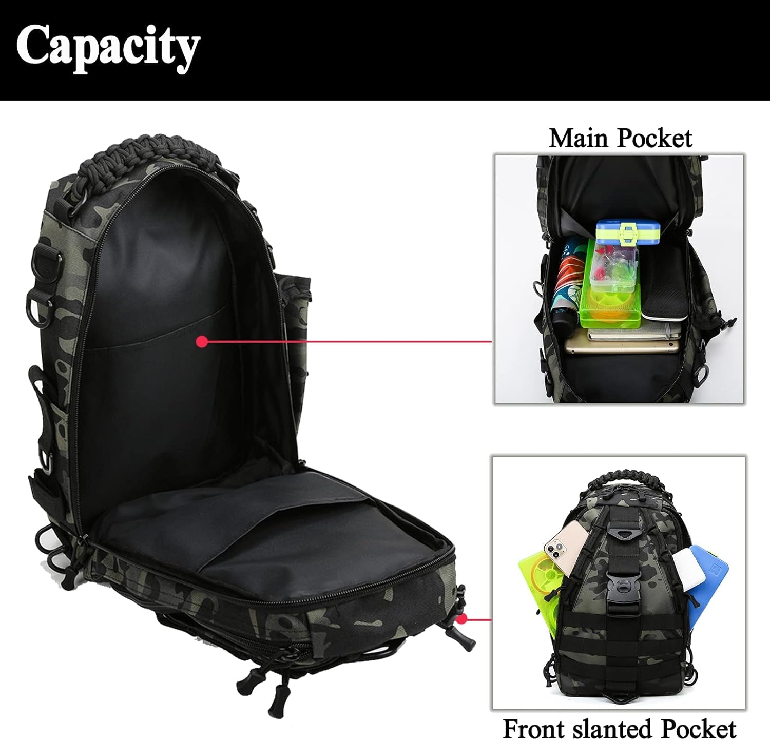 Fishing Tackle Backpack Storage Bag - Fishing Gear Bags Water-Resistant Outdoor Shoulder Backpacks with Fishing Rod Belt (Large(16.34 * 12.9 * 5.71 Inch)-Black Camo)