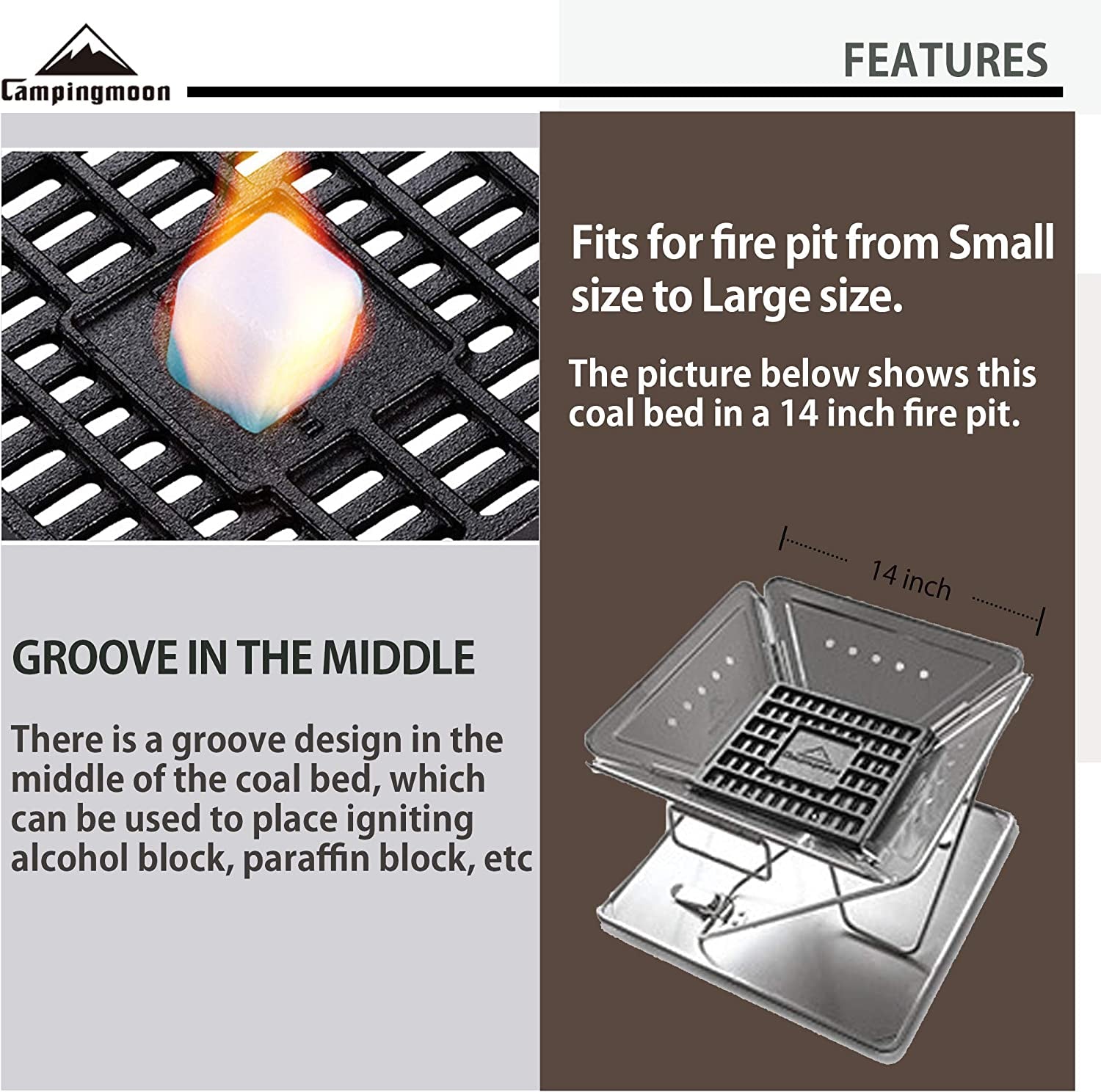 CAMPINGMOON Cast Iron Coal Bed Charcoal Fire Grate 6.89X6.89-Inch T-175