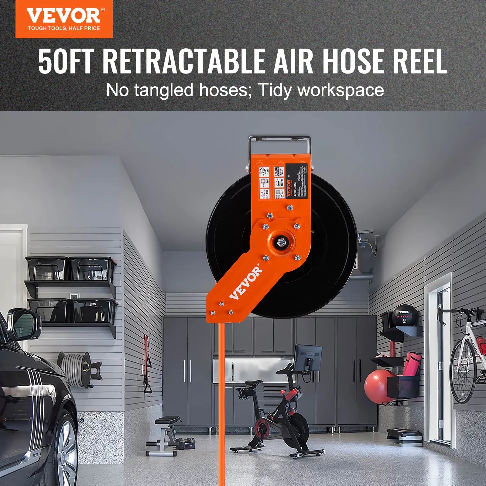 VEVOR Retractable Air Hose Reel, 3/8 in X 50 FT Hybrid Air Hose Max 300PSI, Air Compressor Hose Reel with 5 Ft Lead In, Ceiling / Wall Mount Heavy Duty Single Arm Steel Reel