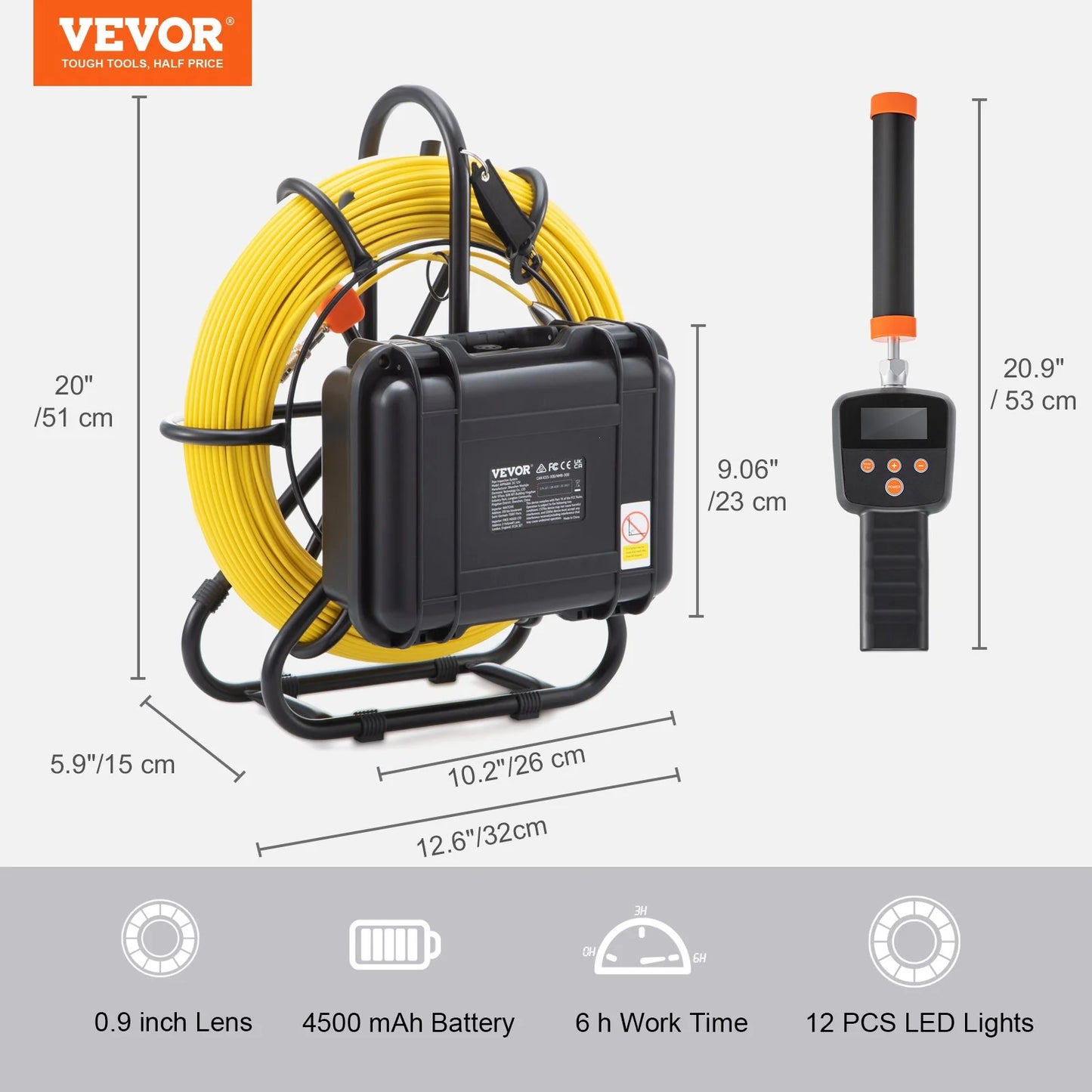 VEVOR Sewer Camera with 512Hz Locator, 165 Ft/50 M, 9 Pipeline Inspection Camera with DVR Function, IP68 Camera with 12 Adjustable Leds, a 16 GB SD Card for Sewer Line, Home, Duct Drain Pipe Plumbing