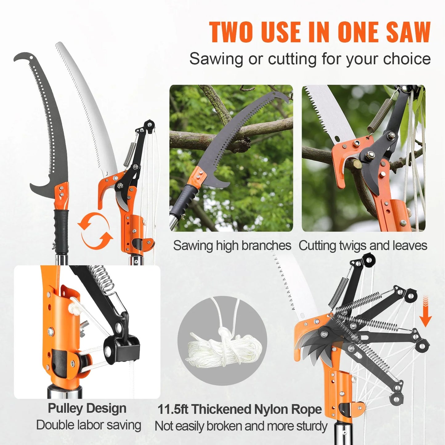 VEVOR Manual Pole Saw, 7.3-27 Ft Extendable Tree Pruner, Sharp Steel Blade and Scissors High Branches Trimming, Branch Trimmer with Lightweight 8 Fiberglass Handles, for Pruning Palms and Shrubs