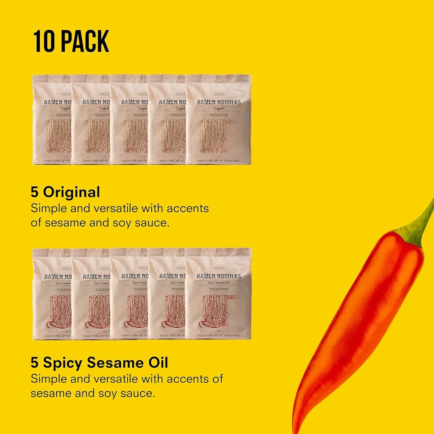 Ramen Noodles | Brothless Vegan & Vegetarian Instant Ramen | Healthy, High Protein Asian Noodle | Preservative Free | No Added MSG | Original & Spicy Sesame Oil (10 Pack)