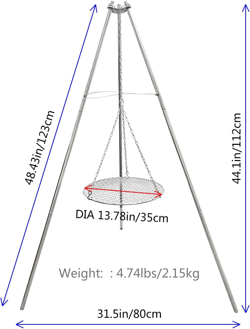 Camp Fire Tripod for Cooking, Stainless Steel Camping Fire Grill with Adjustable