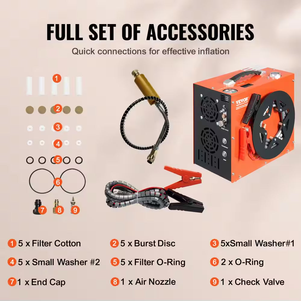 0.26 Gal. Portable Gas PCP Air Compressor 4500 PSI/30 Mpa Auto-Stop with Built-In Water Fan Cooling for Air Rifle Airgun