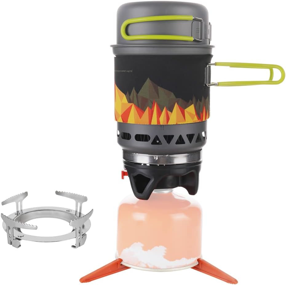 X2 Camping and Backpacking Stove Cooking System, Outdoor Portable Camp Gas Stoves Burner with 0.75L Pot & 0.25L Pan, Piezo Ignition, for Hiking, Fishing, Hunting, Black