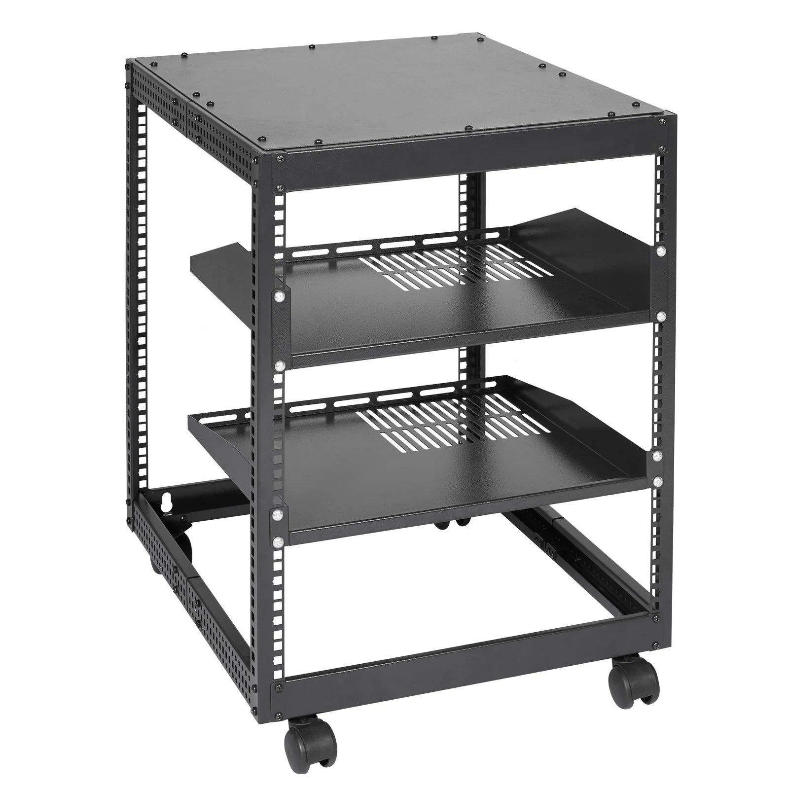 VEVOR 12U Open Frame Server Rack, 15''-40'' Adjustable Depth, Free Standing or Wall Mount Network Server Rack, 4 Post AV Rack with Casters, Holds All Your Networking IT Equipment AV Gear Router Modem