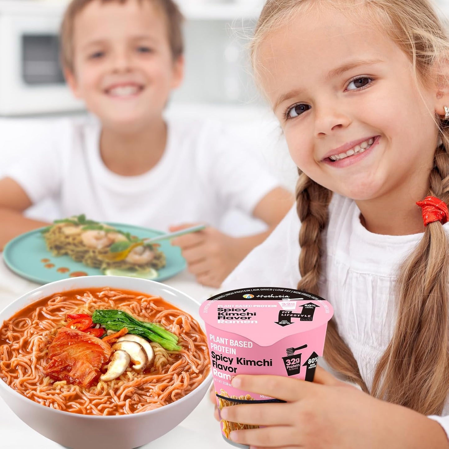 Protein Ramen, Spicy Kimchi Flavor, 6-Pack Instant Healthy Noodle Soup Cups, 32G Plant Protein, Vegan Pre-Packaged Ramen Meal, Low Fat, Non-Gmo, Non-Fried, Air-Dried, Healthy Noodle Broth