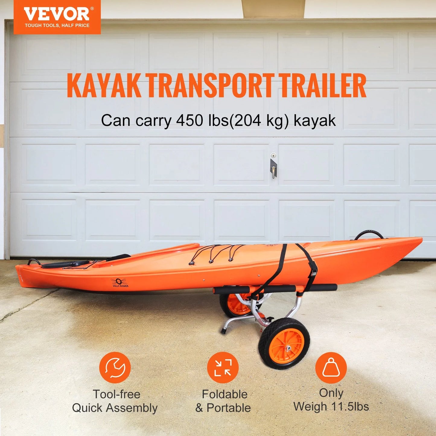 VEVOR Heavy Duty Kayak Cart, 450Lbs Load Capacity, Detachable Canoe Trolley Cart with 12'' Solid Tires, Adjustable Width & Nonslip Support Foot, for Kayaks Canoes Paddleboards Float Mats Jon Boats