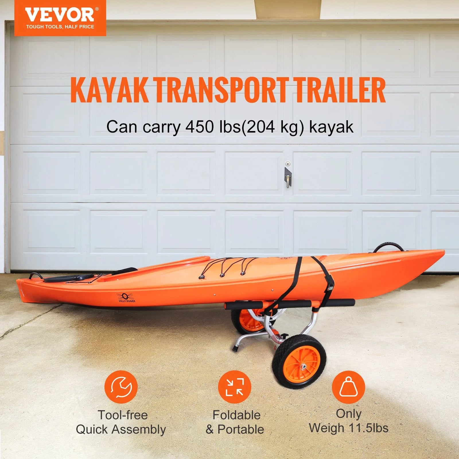 VEVOR Heavy Duty Kayak Cart, 450Lbs Load Capacity, Detachable Canoe Trolley Cart with 12'' Solid Tires, Adjustable Width & Nonslip Support Foot, for Kayaks Canoes Paddleboards Float Mats Jon Boats