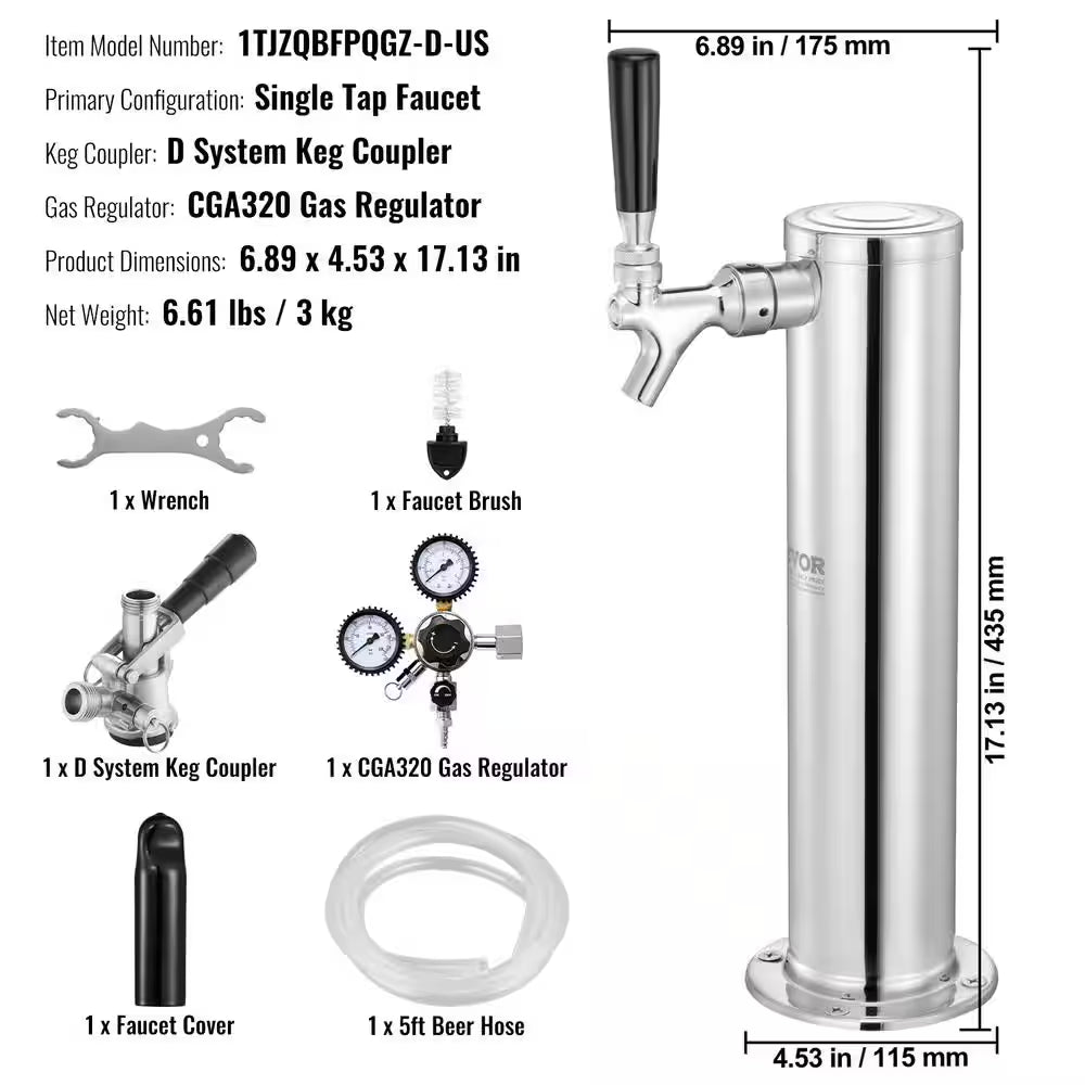Kegerator Tower Kit Single Tap Beer Conversion Kit Keg Beer Tower Dispenser Silver Stainless Steel with Dual Gauge