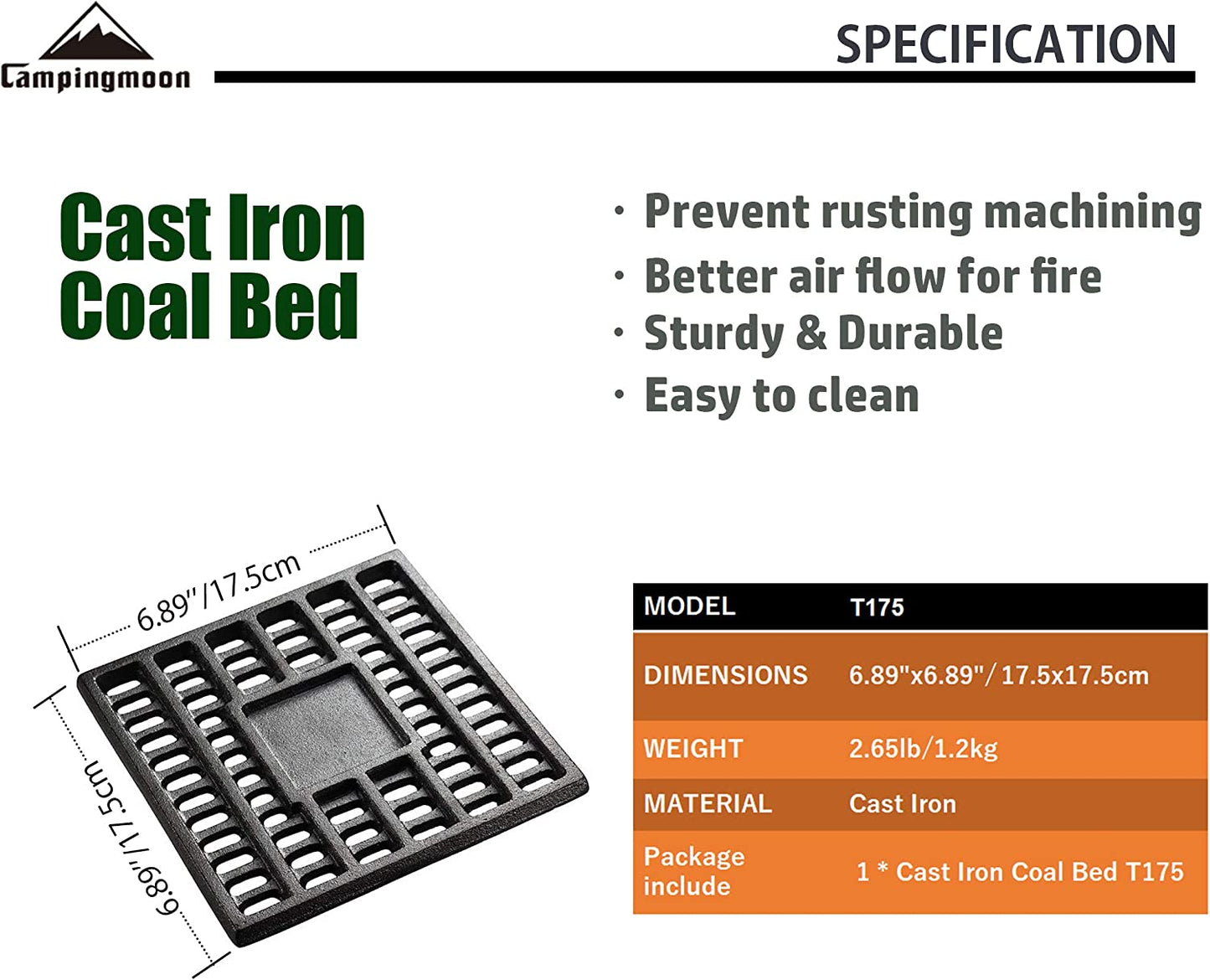 CAMPINGMOON Cast Iron Coal Bed Charcoal Fire Grate 6.89X6.89-Inch T-175