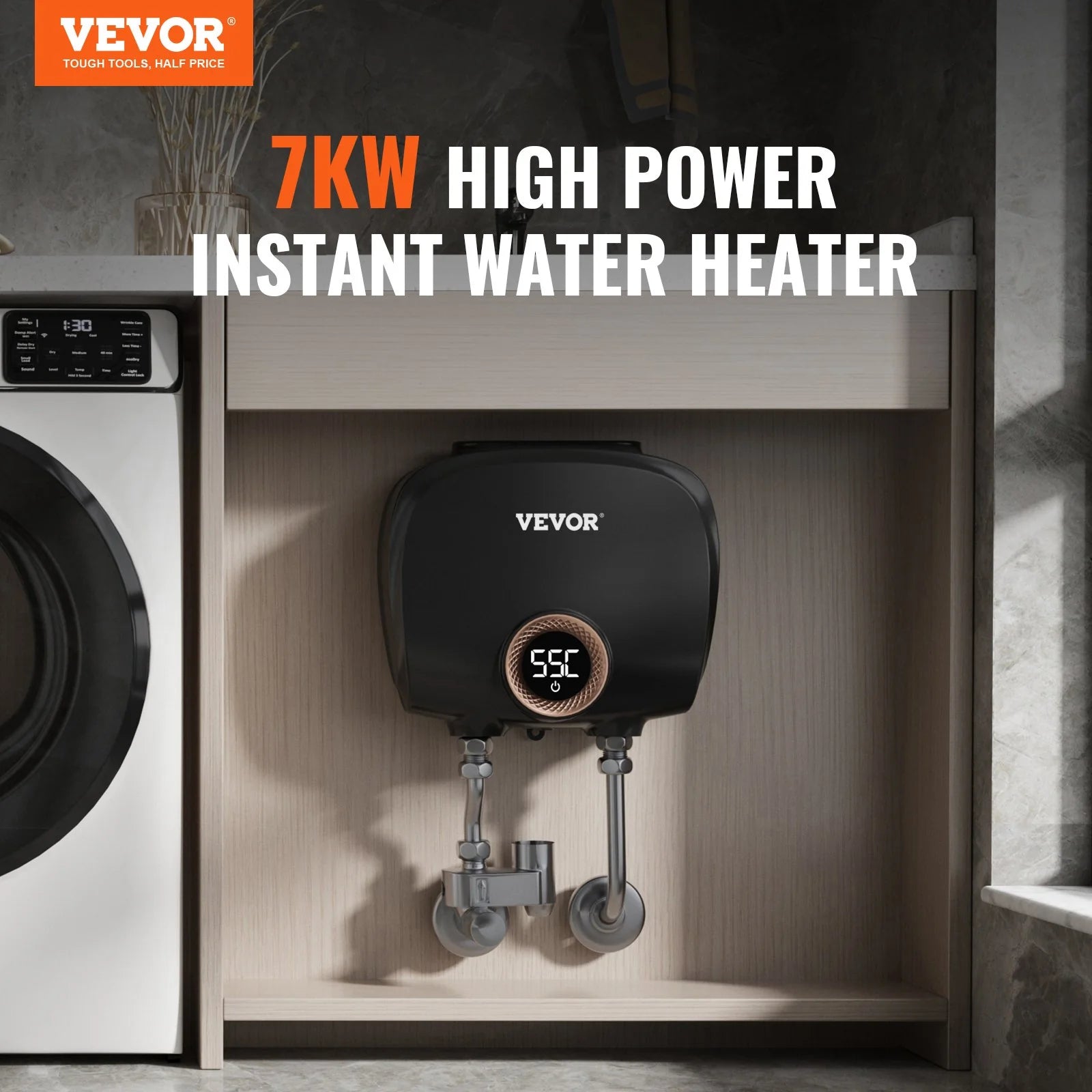 VEVOR Tankless Water Heater Electric, 7Kw on Demand Instant under Sink Water Boiler, Digital Temperature Display & Easy Installation & 24-Hour Water Supply, for Kitchen Bathroom Faucet and Shower