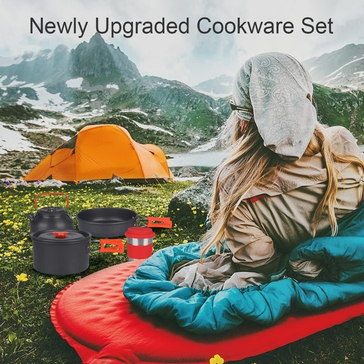 Camping Cookware Kettle Mess Kit - Camping Cooking Set Stainless Steel 18/8 Plates Cup with Lids &Sleeves Cutlery - Camping Pots and Pans Set - Backpacking Gear Camp Accessories Equipment