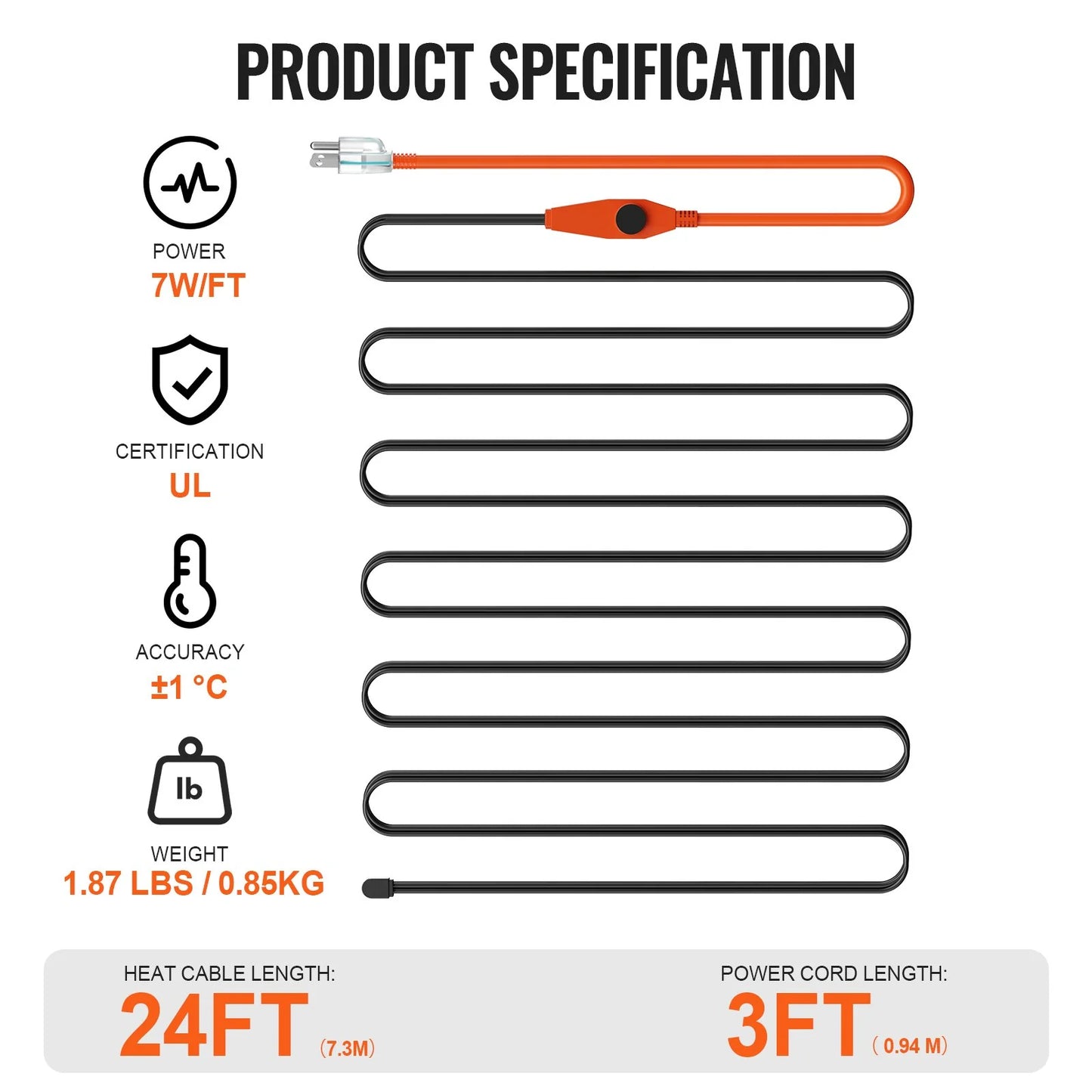Pipe Heating Cable 24FT 7W/FT Heat Tape for Pipes with Built-In Thermostat