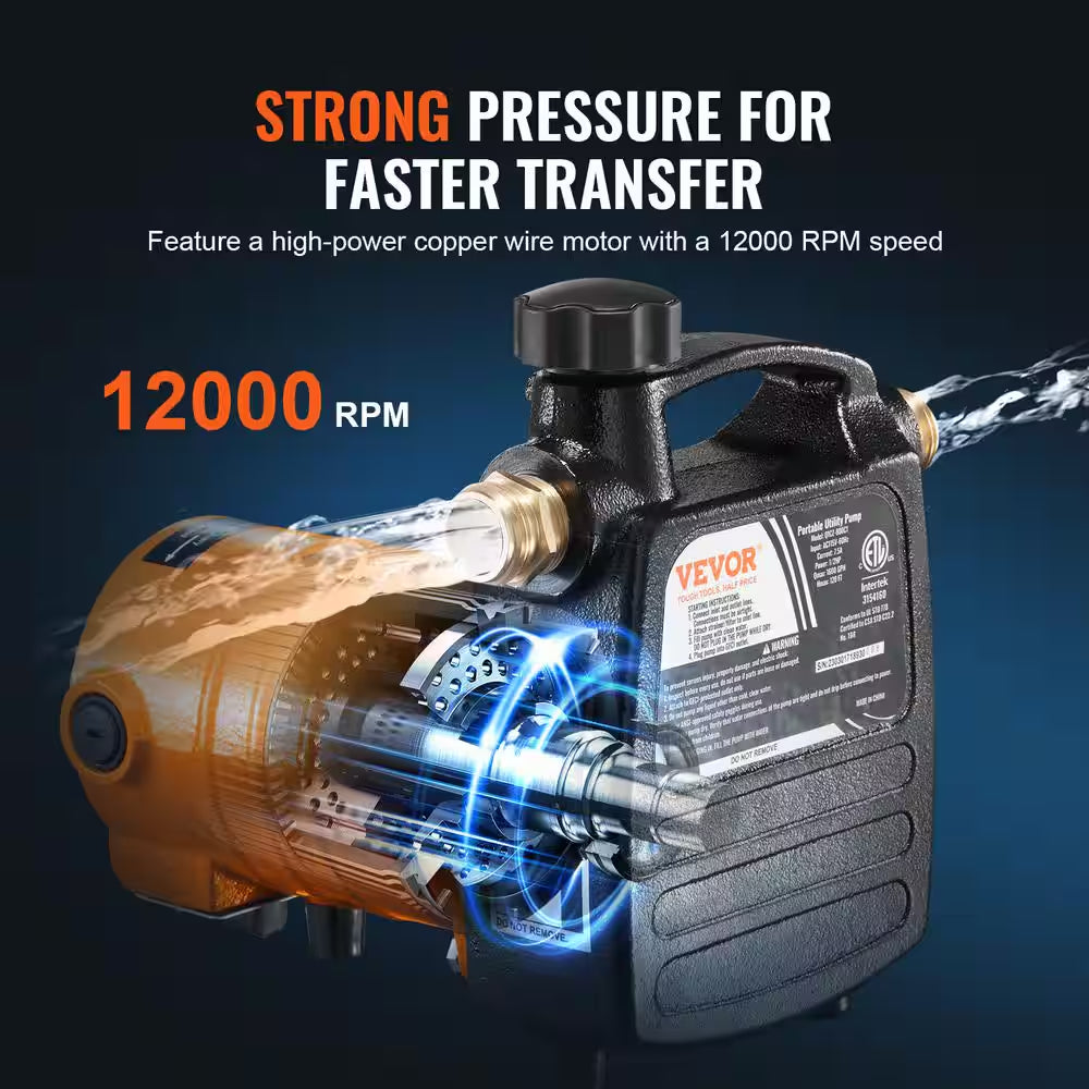 Water Transfer Pump 1/2HP 1600GPH 115-Volt AC Electric Utility Pump with Carbon Brush Filter for Garden Rain Barrel Pool