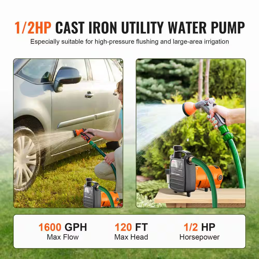 Water Transfer Pump 1/2HP 1600GPH 115-Volt AC Electric Utility Pump with Carbon Brush Filter for Garden Rain Barrel Pool