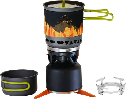 X2 Camping and Backpacking Stove Cooking System, Outdoor Portable Camp Gas Stoves Burner with 0.75L Pot & 0.25L Pan, Piezo Ignition, for Hiking, Fishing, Hunting, Black